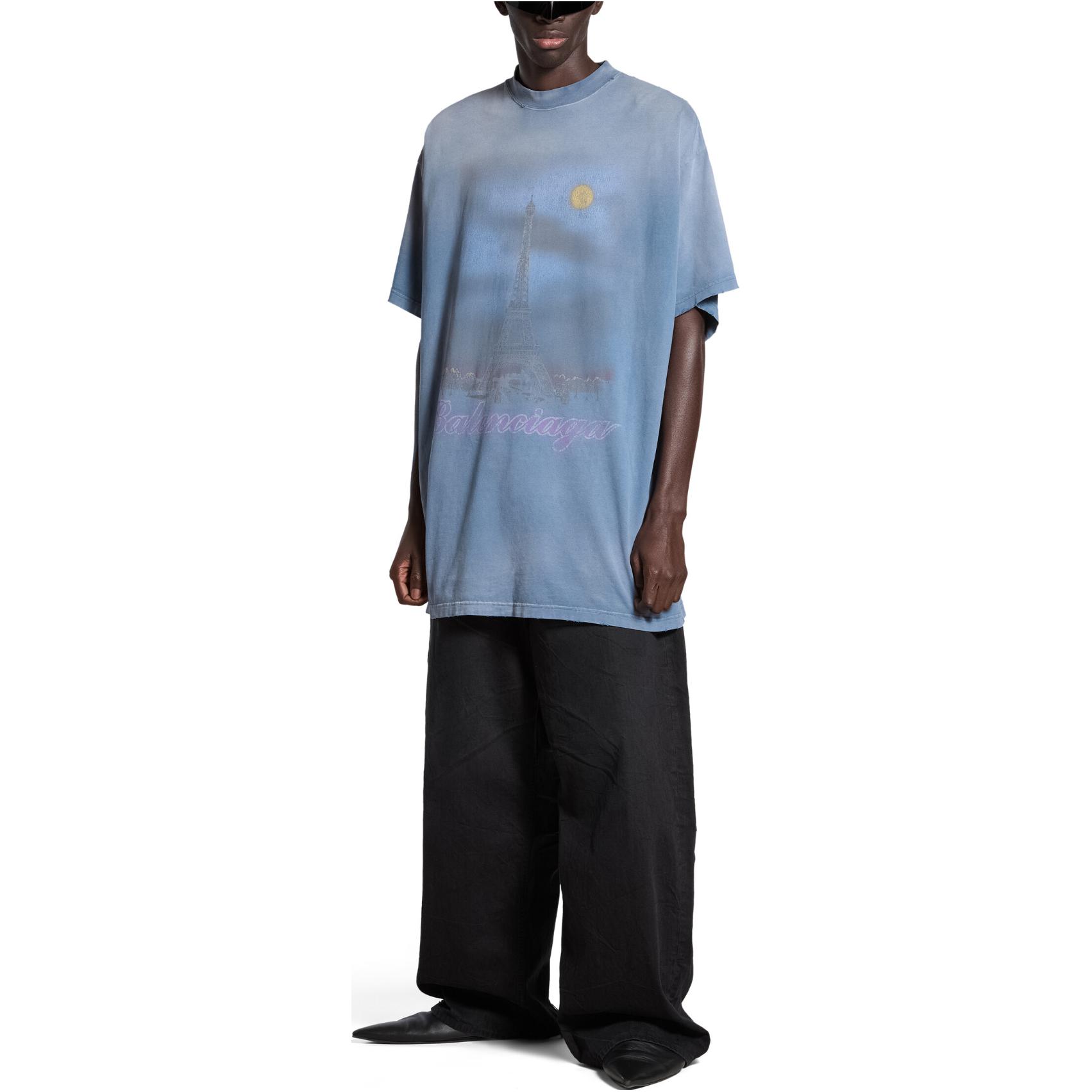 Shop Balenciaga SS24 字母印花做舊寬鬆男女款藍色T恤 739028TQVO14530