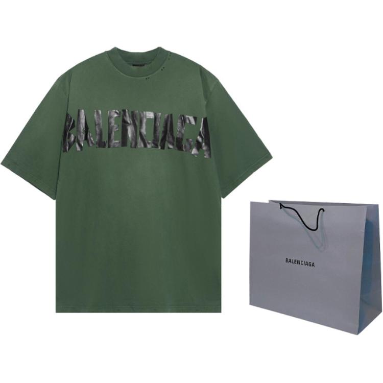 Shop Balenciaga Camiseta Verde Logo SS24 Cuello Redondo Ajuste Regular 739784TQVQ83004