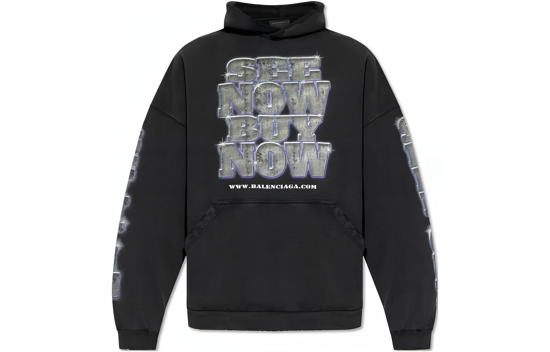 Balenciaga SS24 Logo Print Hoodie Black  Regular Fit Long Sleeve. 739024TQVE71083