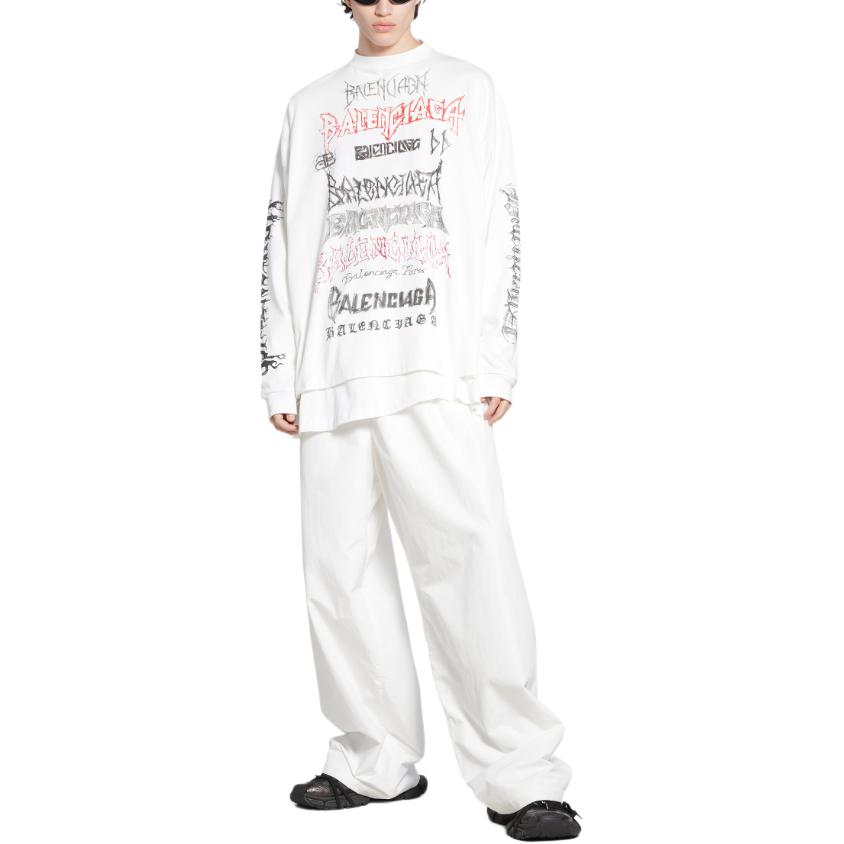 Shop Balenciaga SS24 Baju Lengan Panjang Unisex Putih Cetakan Surat Tahun Baru. 699191TPVO29065
