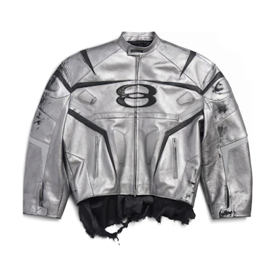 Balenciaga SS24 Silver Distressed Logo Patchwork Leather Jacket Unisex Loose Fit. 787430TQS128106