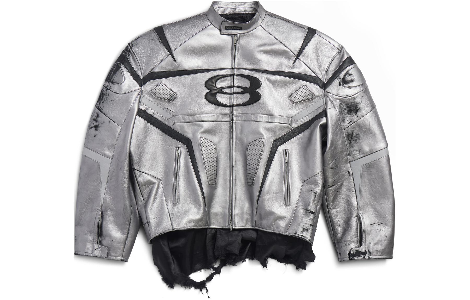 Order Balenciaga SS24 Silver Distressed Logo Patchwork Leather Jacket Unisex Loose Fit. 787430TQS128106