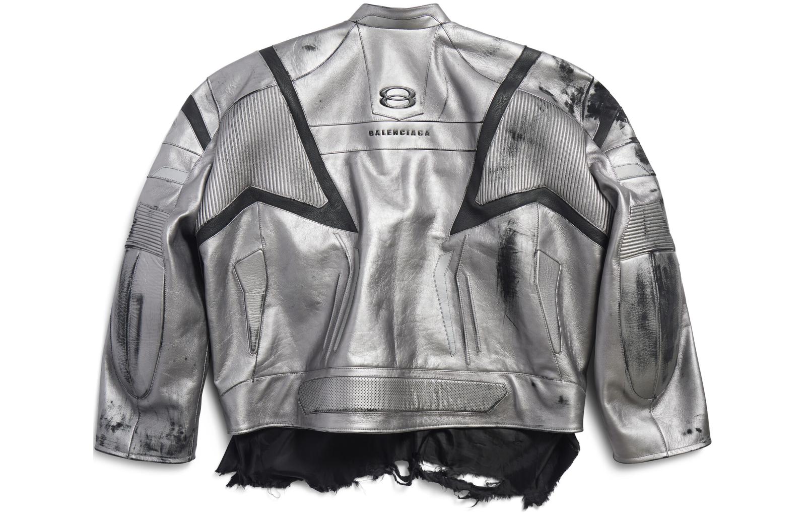 Lookbook Balenciaga SS24 Silver Distressed Logo Patchwork Leather Jacket Unisex Loose Fit. 787430TQS128106