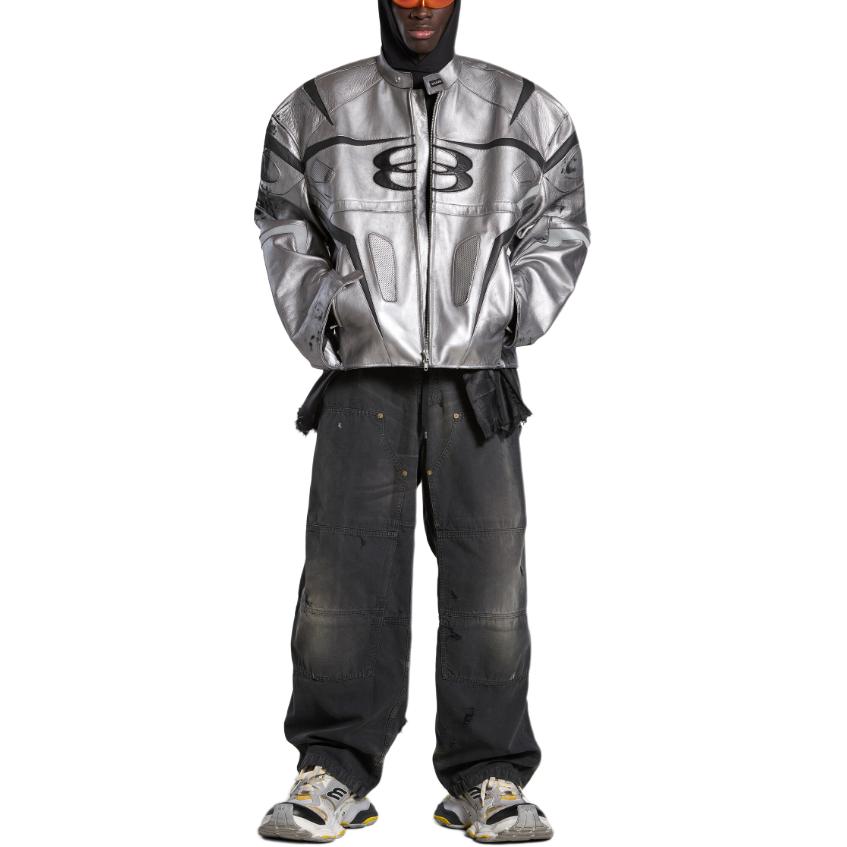 Shop Balenciaga SS24 Silver Distressed Logo Patchwork Leather Jacket Unisex Loose Fit. 787430TQS128106