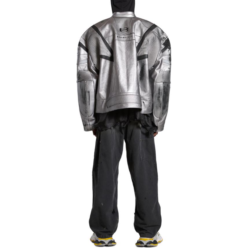 Purchase Balenciaga SS24 Silver Distressed Logo Patchwork Leather Jacket Unisex Loose Fit. 787430TQS128106