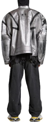 Balenciaga SS24 Silver Distressed Logo Patchwork Leather Jacket Unisex Loose Fit. 787430TQS128106 Purchase Balenciaga SS24 Silver Distressed Logo Patchwork Leather Jacket Unisex Loose Fit. 787430TQS128106