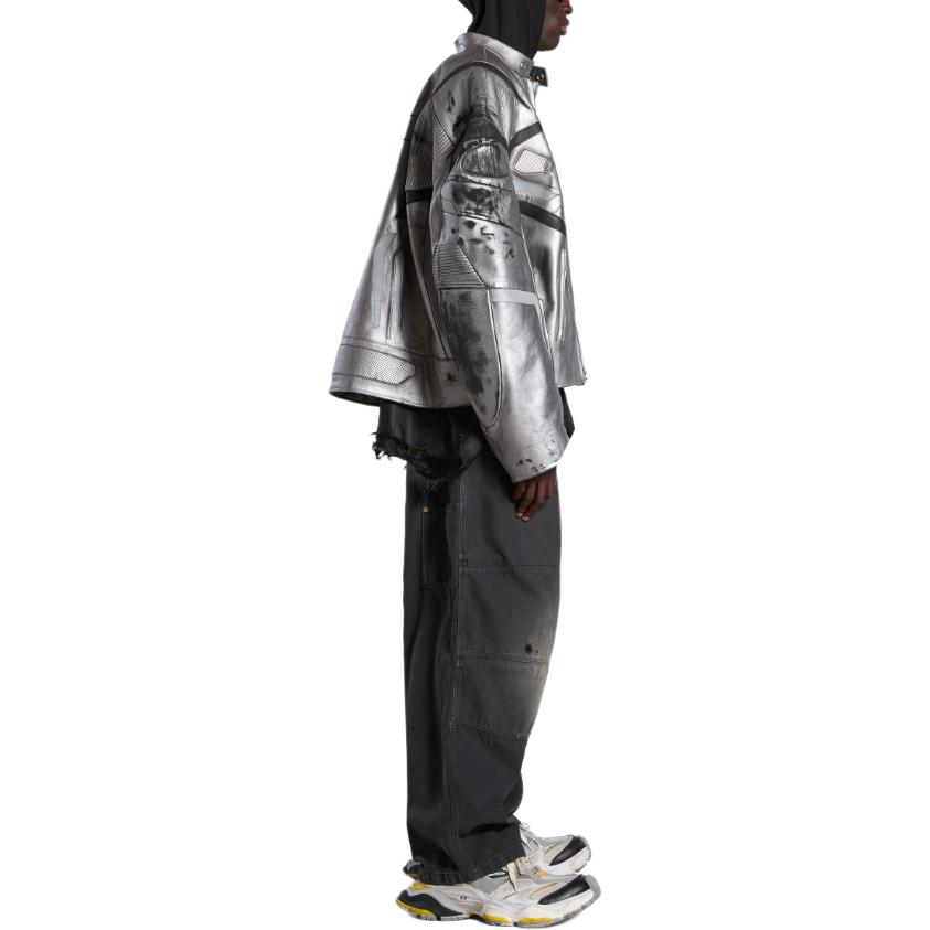 Details for Balenciaga SS24 Silver Distressed Logo Patchwork Leather Jacket Unisex Loose Fit. 787430TQS128106