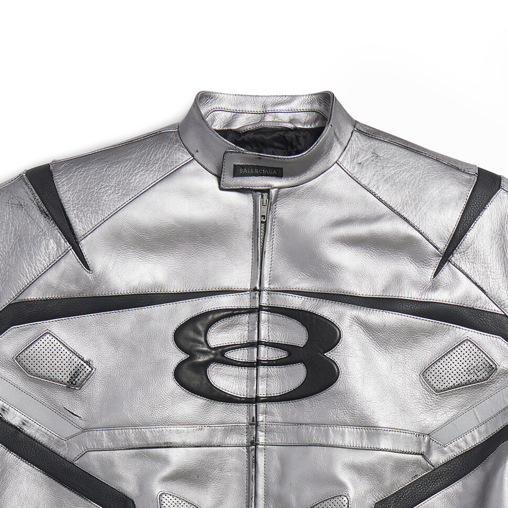 Sizing Balenciaga SS24 Silver Distressed Logo Patchwork Leather Jacket Unisex Loose Fit. 787430TQS128106