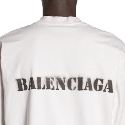 Balenciaga SS24 Stencil Type Distressed Loose Fit White T-Shirt for Men. 764235TQVA33307 Sizing Balenciaga SS24 Stencil Type Distressed Loose Fit White T-Shirt for Men. 764235TQVA33307