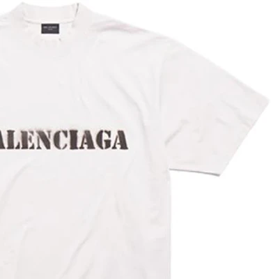 Balenciaga SS24 Stencil Type Distressed Loose Fit White T-Shirt for Men. 764235TQVA33307 1