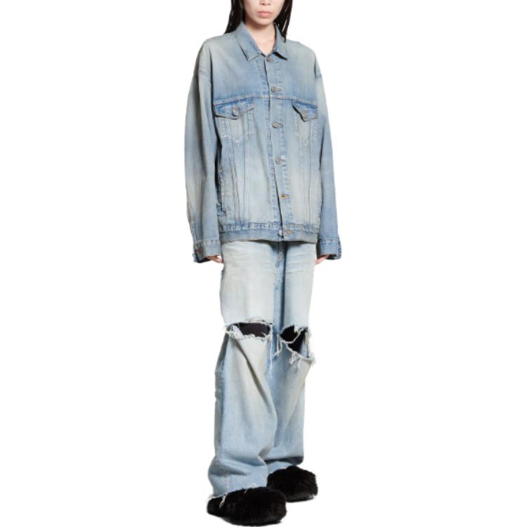 Shop バレンシアガ SS24 ウォッシュド レタープリント デニムジャケット ユニセックス ルーズフィット ブルー 773617TPW534868