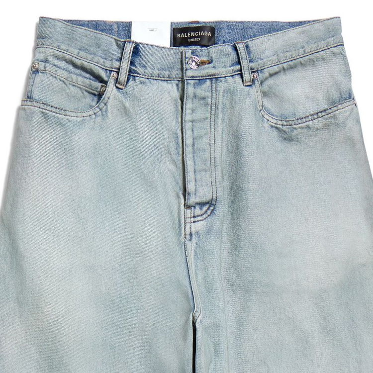 Shop 발렌시아가 SS24 워시드 로고 미드라이즈 루즈핏 유니섹스 청바지 블루. 767977TDW144016