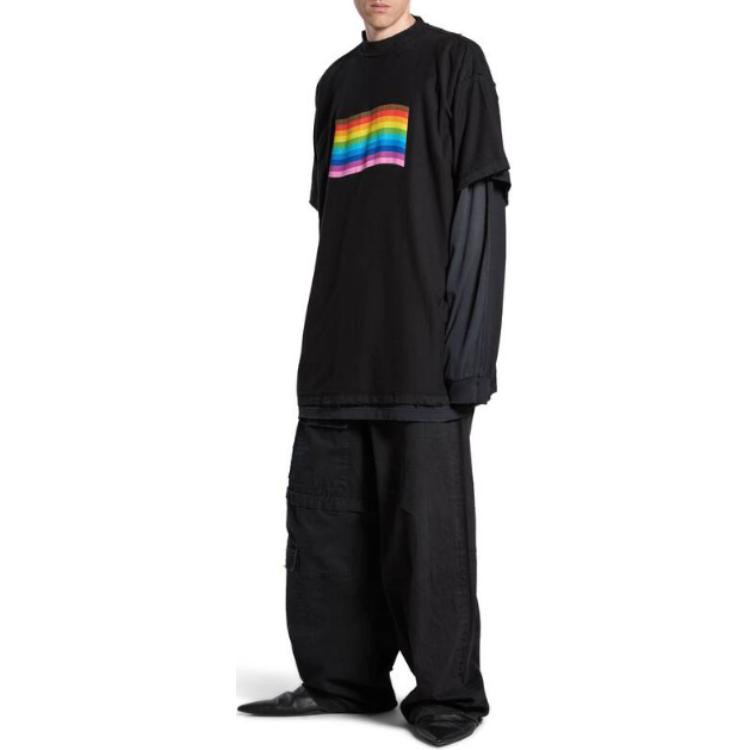 Shop Balenciaga Striped Multicolor Oversized Crewneck T-Shirt Unisex Black 787358TQVP51083