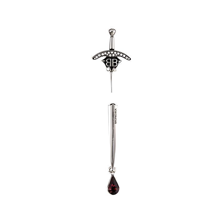 Balenciaga Sword Brass and Rhinestone Earrings in Distressed Silver & Red. 695011TZ90V1741