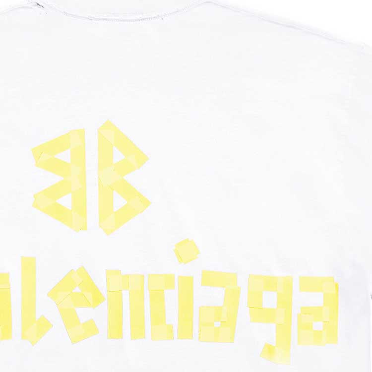 Cheap 발렌시아가 테이프 로고 오버사이즈 유니섹스 화이트 크루넥 티셔츠. 739784TOVA99000