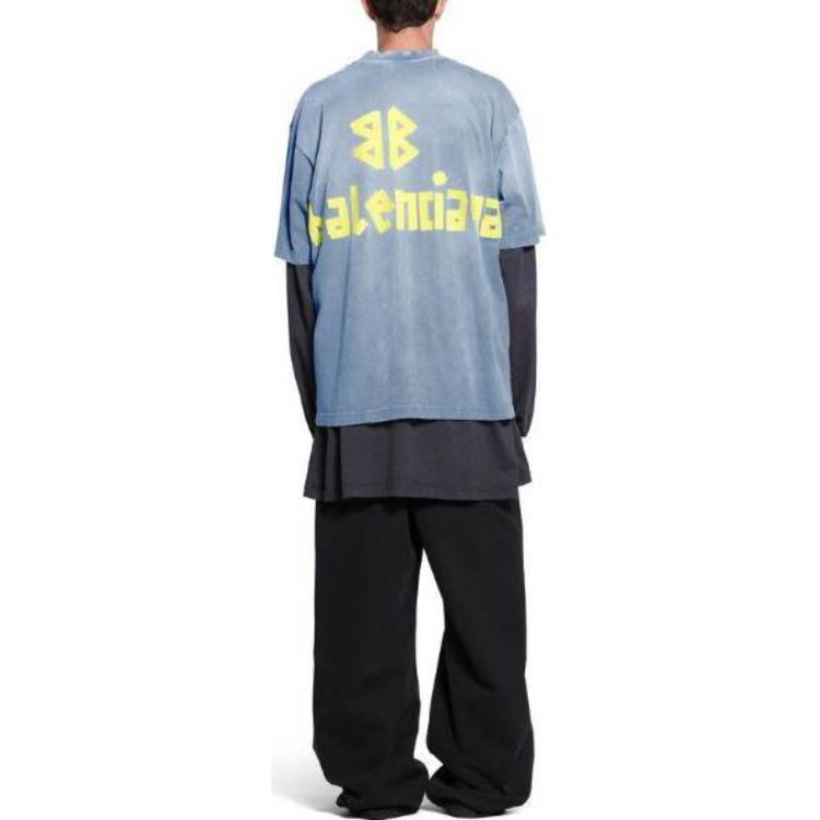 Details for 발렌시아가 테이프 로고 티셔츠 미디움 핏 페이디드 블루 남성용. 739784TOVA94530