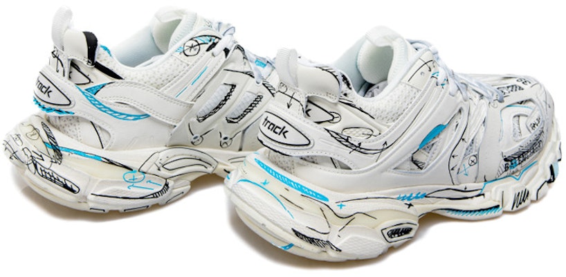 Balenciaga Track 1.0 Sneakers Biru Mesh dan Nylon Grafiti 'Putih'. 542023W3SRA9014 Lookbook Balenciaga Track 1.0 Sneakers Biru Mesh dan Nylon Grafiti 'Putih'. 542023W3SRA9014