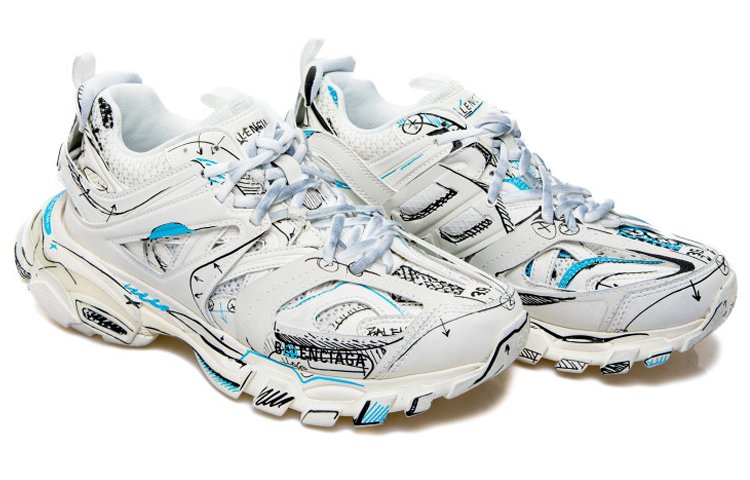 Lookbook 巴黎世家Track 1.0蓝色涂鸦网面尼龙运动鞋 '白色' 542023W3SRA9014