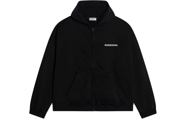 Balenciaga Turn FW21 Logo Embroidered Zip-Up Hoodie Black 674719TLVB49034