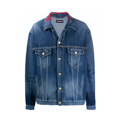 Balenciaga Unisex Blue Denim Jacket with Red Embroidered Logo 571324TCW032340