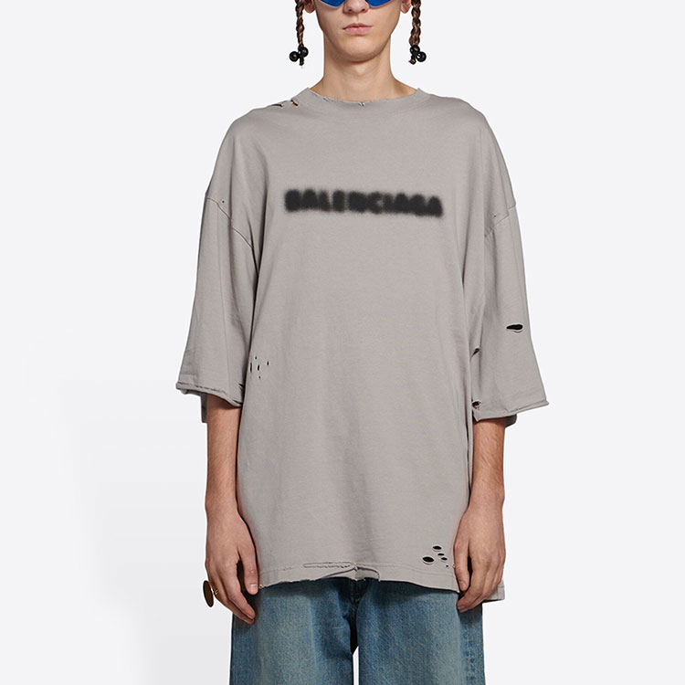 Balenciaga Unisex Grey Distressed Letter Print Crewneck T-Shirt. 661715TKVD58174 圖 5