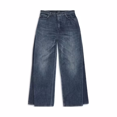 Balenciaga Unisex Mid-Waist Wide-Leg Dark Blue Denim Jeans with Multi-Pockets. 767979TNW654445