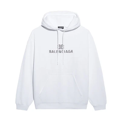 Balenciaga White Letter Print Fleece Drawstring Hoodie Regular Fit. 600583TKVI89040