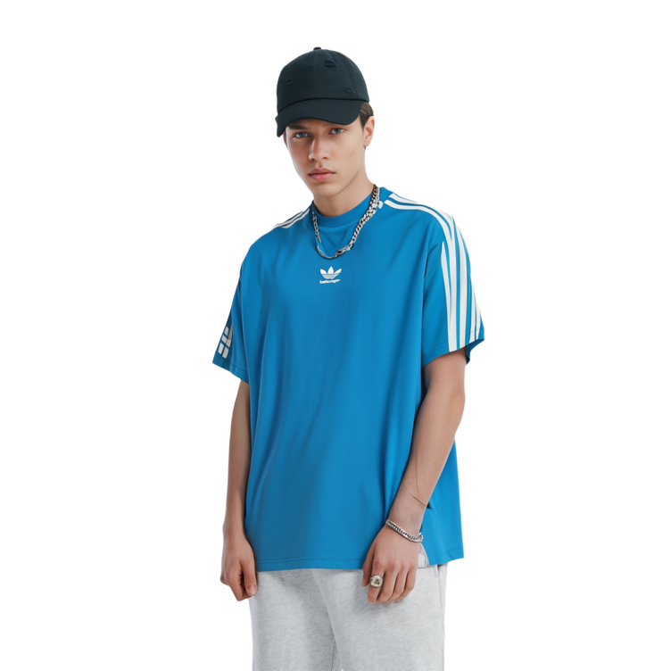 Shop Camiseta Balenciaga x Adidas FW22 Azul Logo 3 Rayas Corte Holgado. 739101TNVA64026