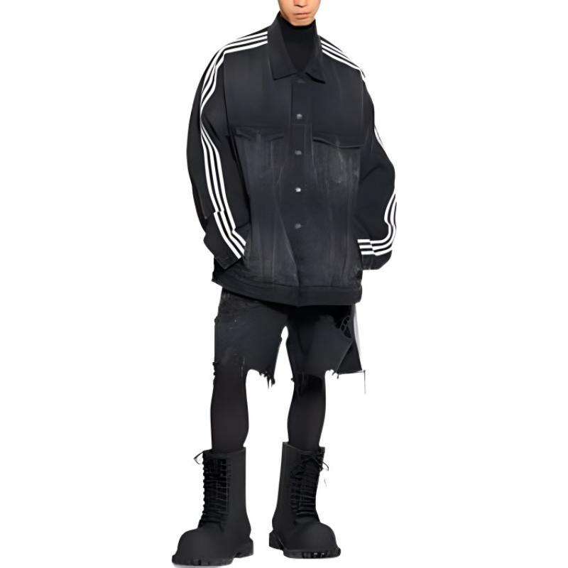 Shop Balenciaga x Adidas Originals 復古條紋破壞牛仔短褲 男女 黑色 724840TNW541129