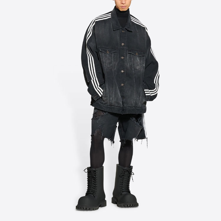 Shop 발렌시아가 x 아디다스 오리지널 로고 프린트 스트라이프 데님 자켓 유니섹스 블랙 724775TNW541129
