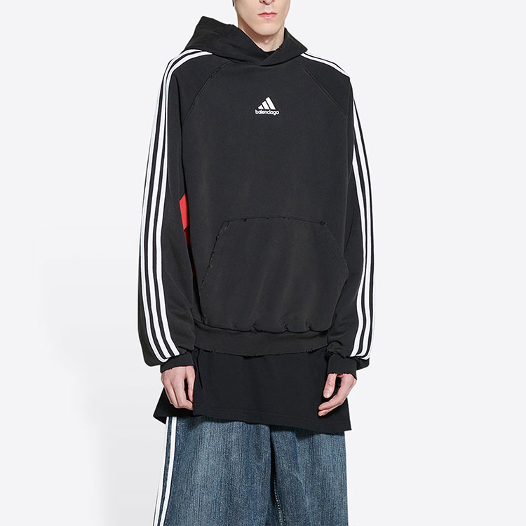Shop Balenciaga x Adidas Originals 標誌印花條紋連帽衫 黑色. 712395TNVA81003