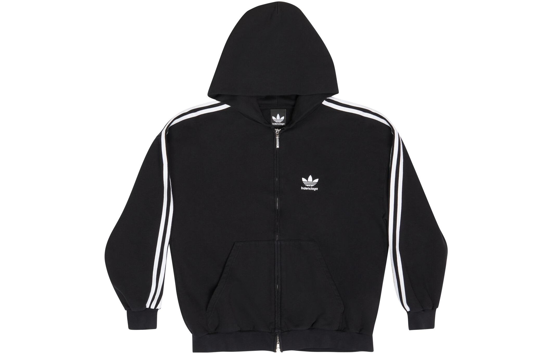 Balenciaga x adidas SS23 Black Side Stripe Logo Zip Hoodie Unisex Loose Fit. 723754TNVN28482