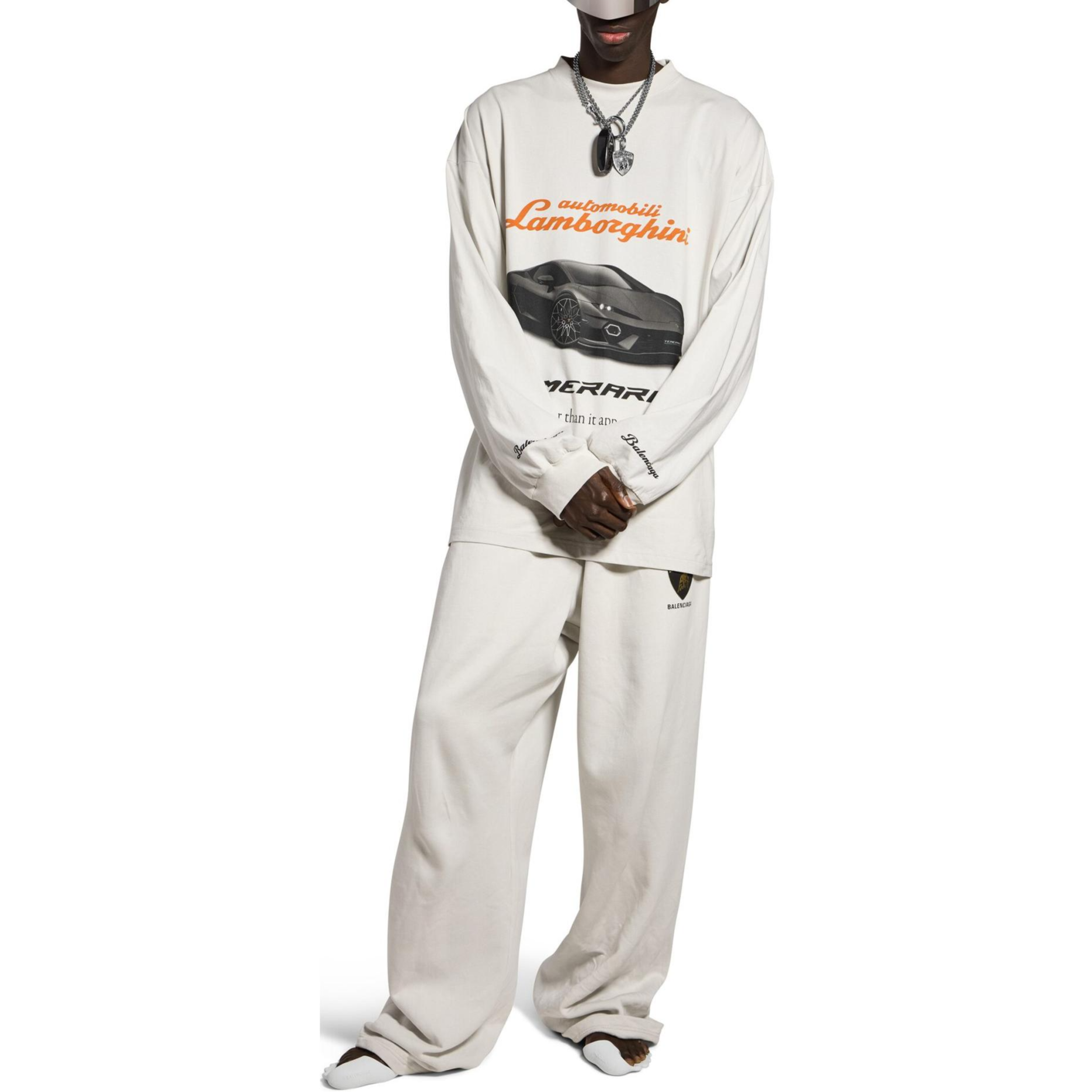 Shop バレンシアガ x ランボルギーニ カープリント オーバーサイズ 長袖Tシャツ 白 男女兼用 835839TSVP99012