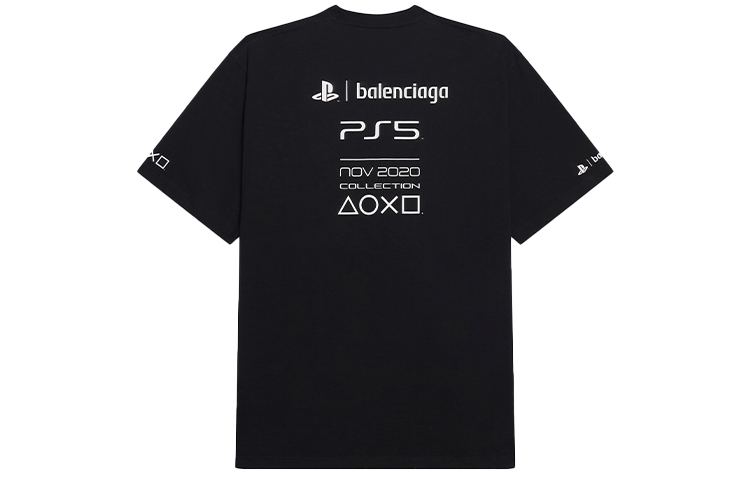 Lookbook バレンシアガ x プレイステーション ロゴ 幾何学プリント オーバーサイズ ブラックTシャツ 651795TKVF31070