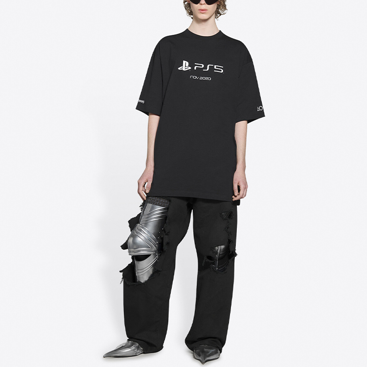 Sizing バレンシアガ x プレイステーション ロゴ 幾何学プリント オーバーサイズ ブラックTシャツ 651795TKVF31070