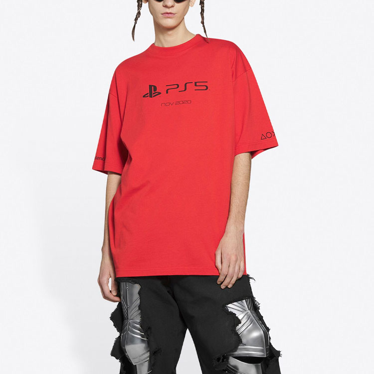 Shop Balenciaga x PlayStation 紅色幾何標誌印花中性T恤 651795TKVF36552