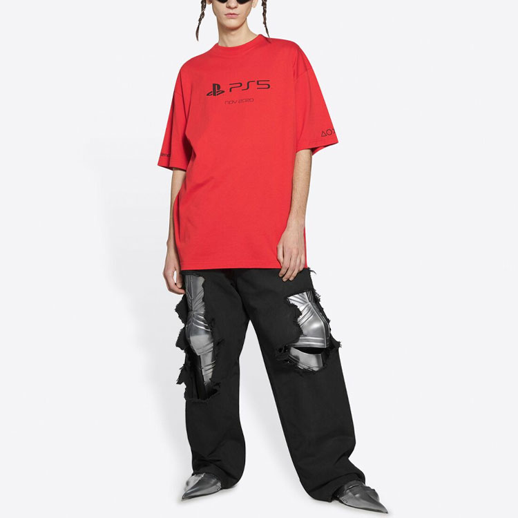 Sizing Balenciaga x PlayStation 紅色幾何標誌印花中性T恤 651795TKVF36552