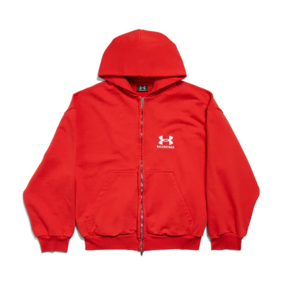 Balenciaga Under Armour FW24 Red Logo Print Zip Hoodie Unisex Regular Fit. 803264TRVB86540
