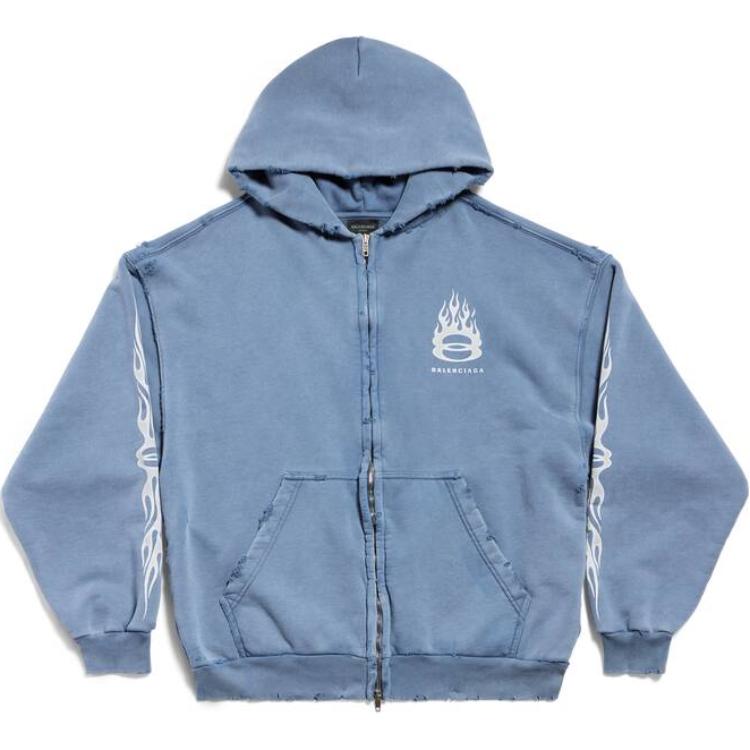Balenciaga Zip-Up Hoodie Light Blue Logo Medium Fit Jacket 770939TQVW94164