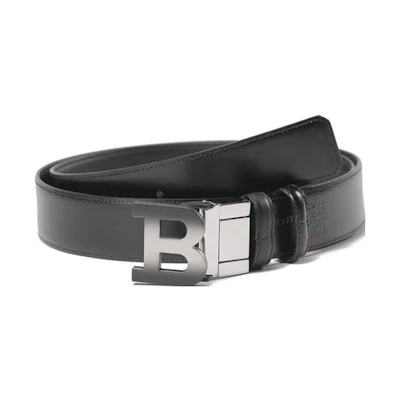BALLY Black Adjustable Leather Reversible Belt with B Buckle - 3.5cm Width 6301760
