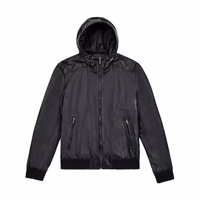 BALLY Black Solid Color Leather Hoodie Jacket Casual Zip-Up 6240319