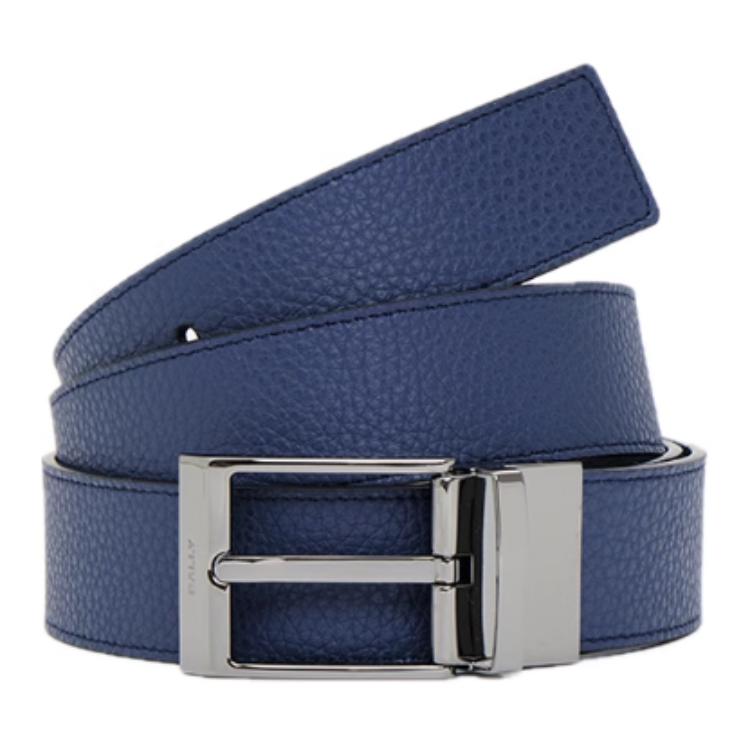 BALLY  Leather Belt with Letter Logo, Textured Design, Dark Blue, 3.5CM Wide. 6308117