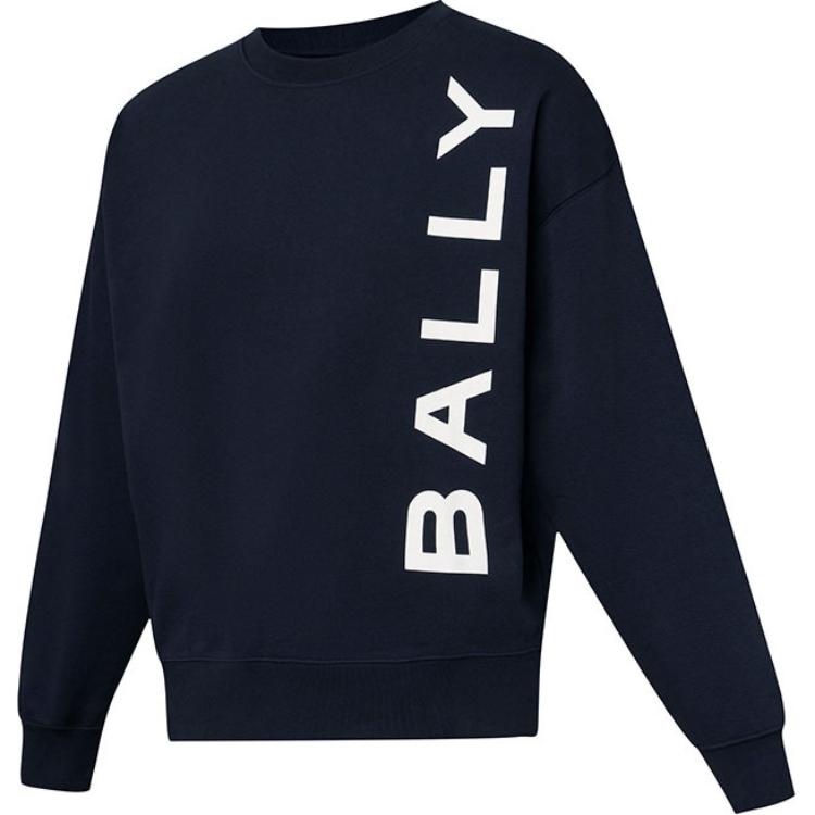 Shop BALLY  Navy Blue Letter Logo Print Long Sleeve Sweatshirt 6307046