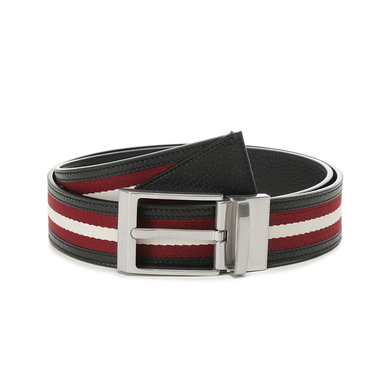 BALLY  Reversible Retro Belt Black/Red Stripes Leather Fabric 3.5cm Wide. 6306660