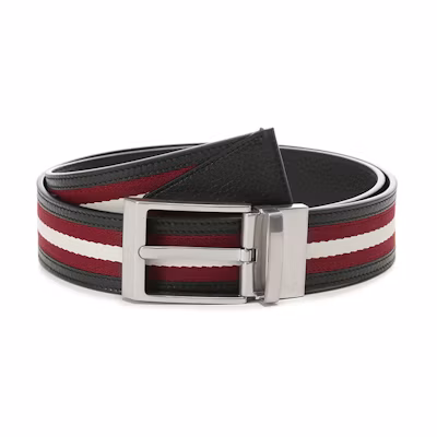 BALLY Reversible Retro Belt Black/Red Stripes Leather Fabric 3.5cm Wide. 6306660