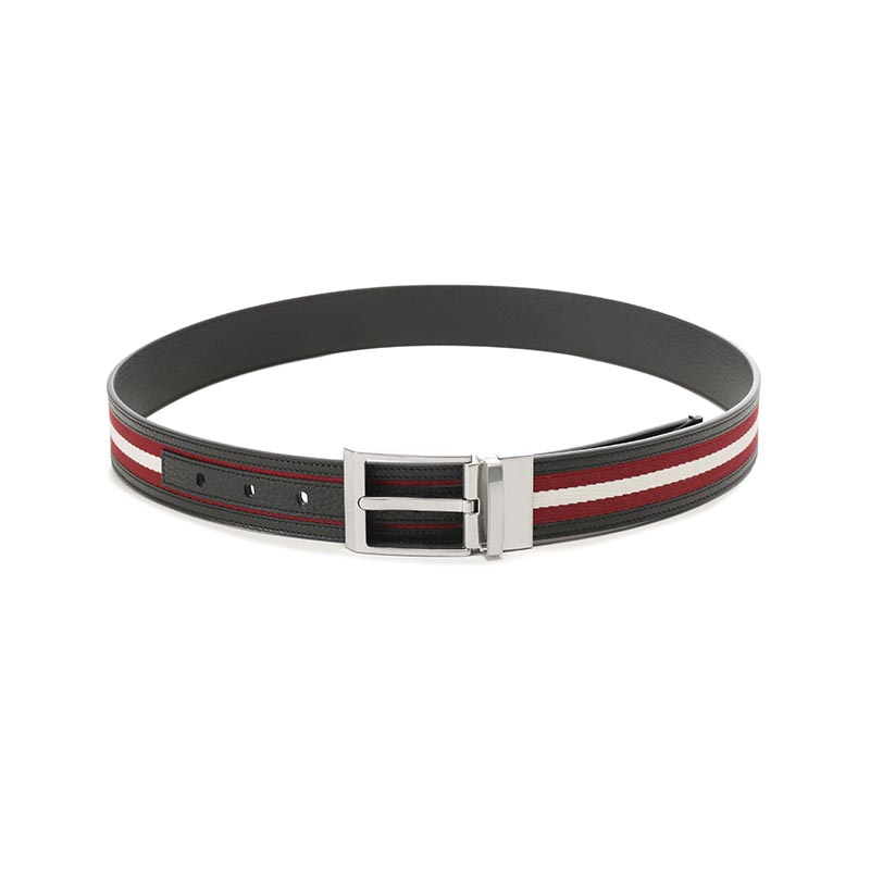 Shop BALLY  Reversible Retro Belt Black/Red Stripes Leather Fabric 3.5cm Wide. 6306660