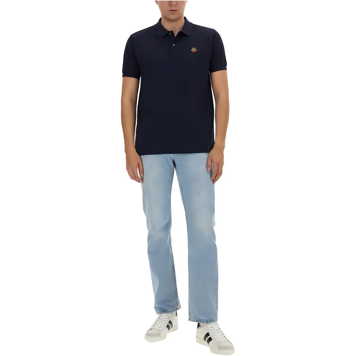 Shop BALLY 純色標誌鈕扣短袖POLO衫-藍色 MJE06NCO228U546