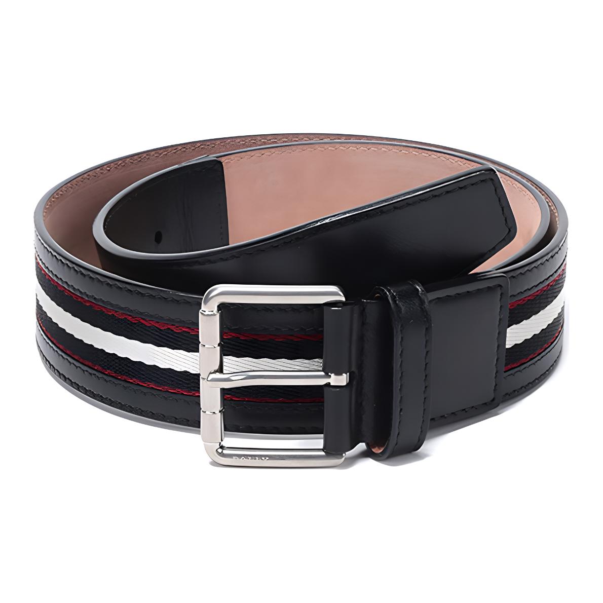 BALLY Black Fabric Leather Belt with Pin Buckle, Black White Stripes, 4cm. WILFORD-40-M-40