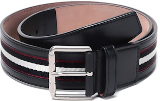 BALLY Black Fabric Leather Belt with Pin Buckle, Black White Stripes, 4cm. WILFORD-40-M-40 BALLY Black Fabric Leather Belt with Pin Buckle, Black White Stripes, 4cm. WILFORD-40-M-40