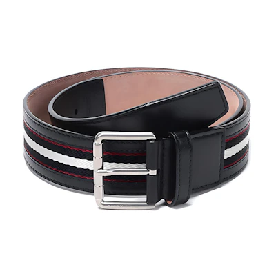 BALLY Black Fabric Leather Belt with Pin Buckle, Black White Stripes, 4cm. WILFORD-40-M-40